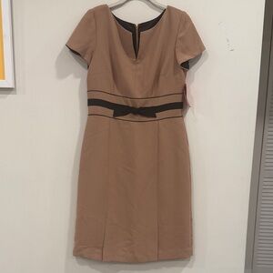 Chic Tan Mini Dress with Black Bow Detail